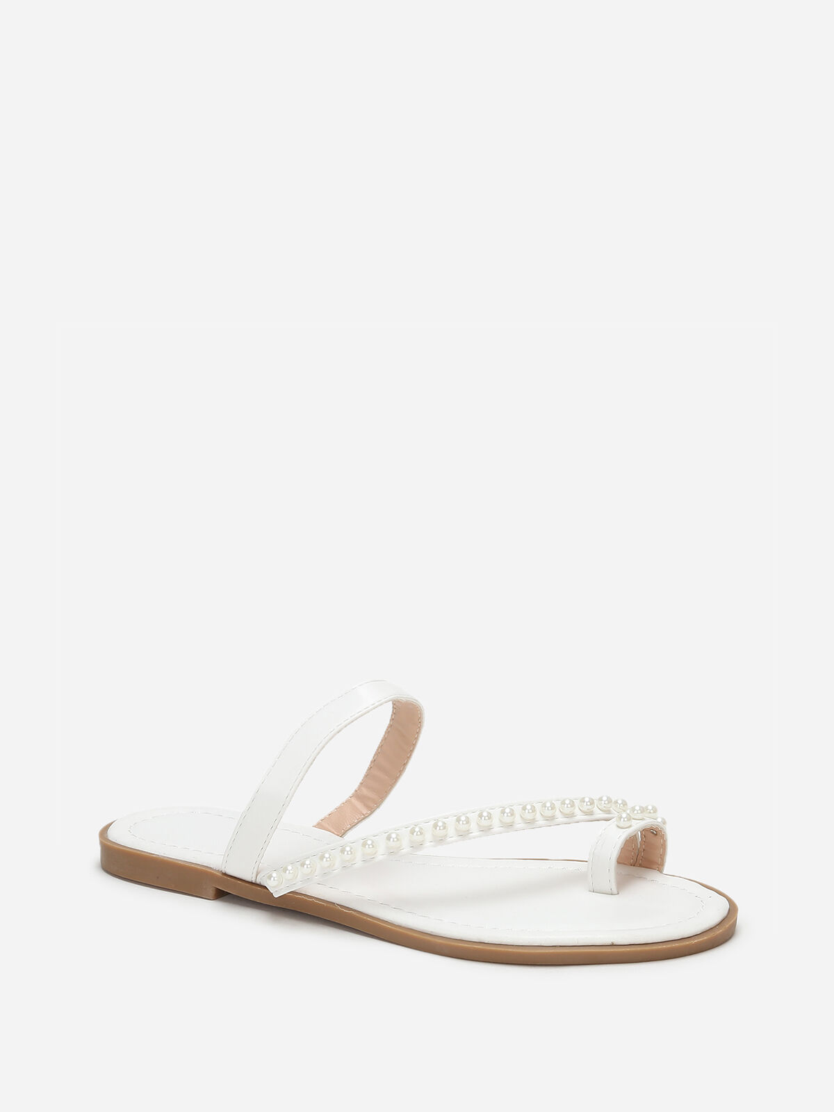 Mules plates à fines brides et perles- Blanc