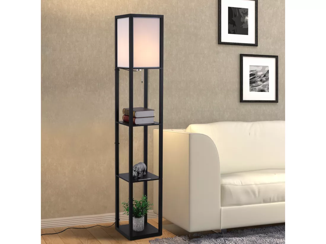 Lampadaire étagère lampe étagère 26L x 26l x 160H cm 3 étagères 4 niveaux MDF noir