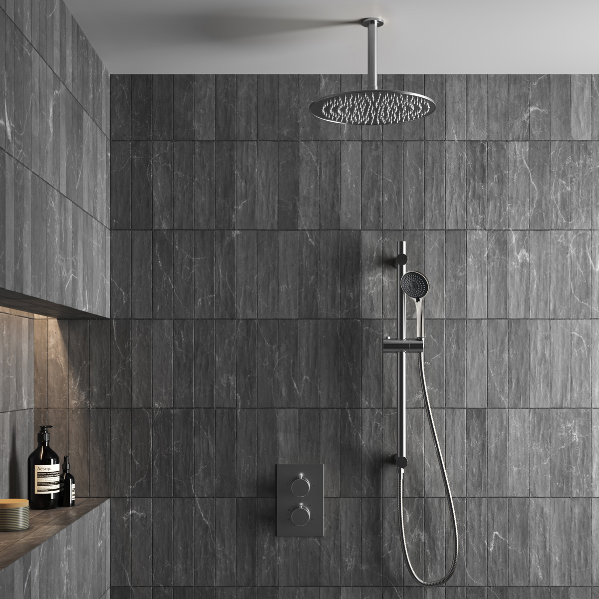 Saniclear Exclusive inbouw regendouche 20cm met plafondarm, 3 standen handdouche en glijstang RVS