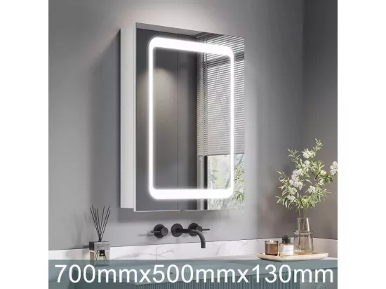 Armoire miroir de salle de bain 2 en 1, étagère salle de bain, avec prise de courant, Interrupteur à Détecteur, Anti-Buée,50x70x13cm