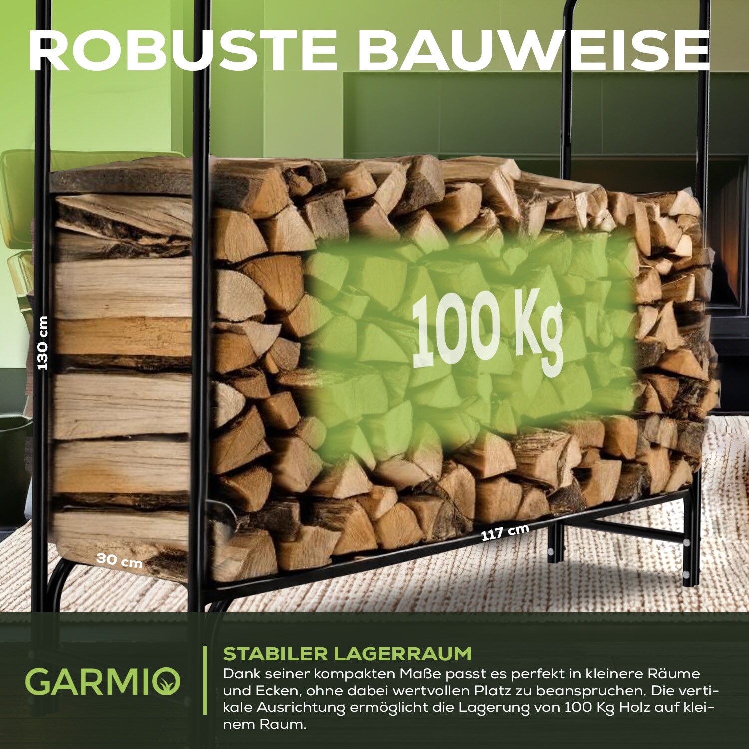 GARMIO® Kaminholzregal Metall Brennholzregal Kaminholzunterstand mit Abdeckung Stapelhilfe pulverbeschichtet 130x30x117cm