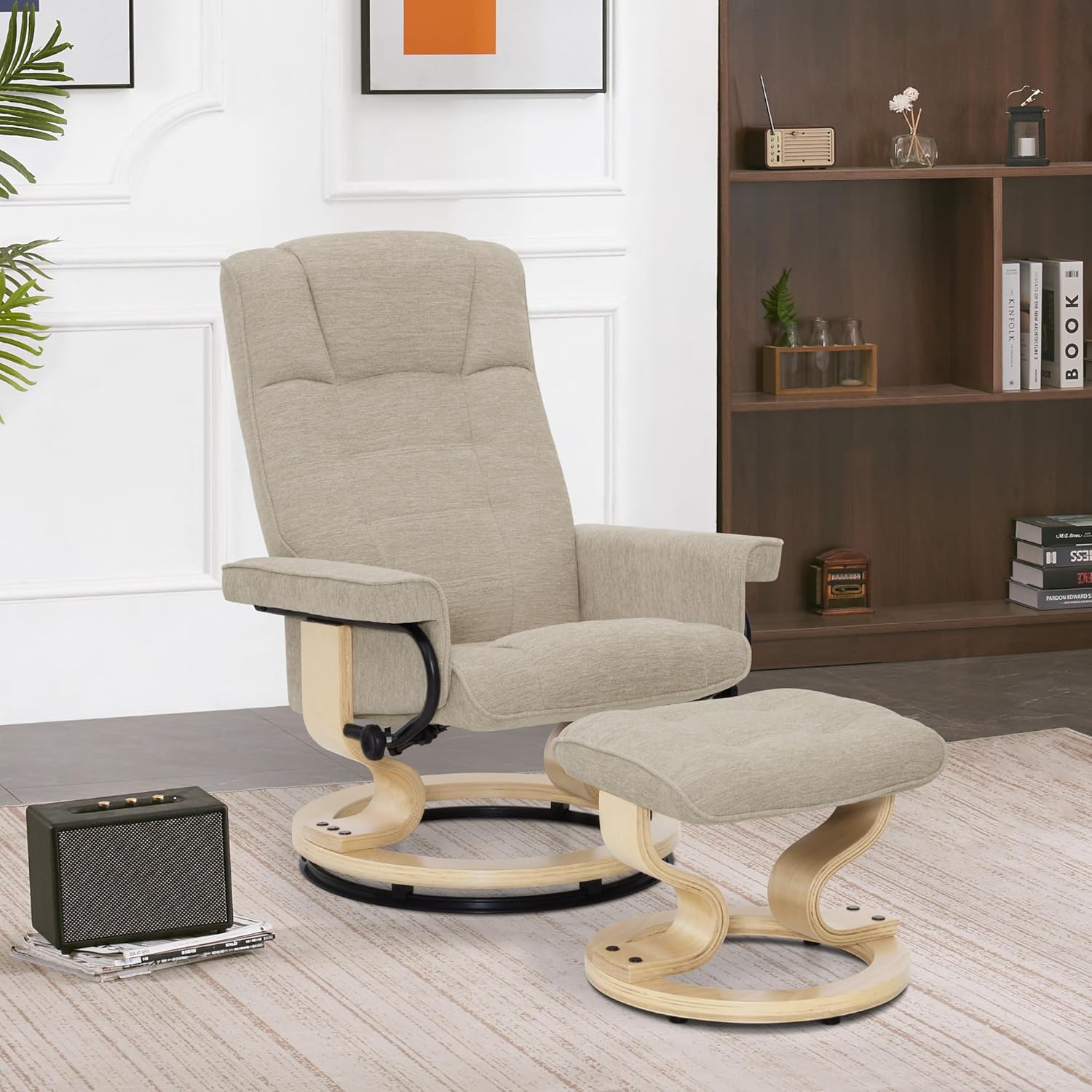 M MCombo Relaxsessel mit Hocker, 360° drehbarer Fernsehsessel mit Liegefunktion, bis 120 Kg belastbarer TV-Sessel, moderner Ruhesessel für Wohnzimmer, 9019 (Stoff, Beige)