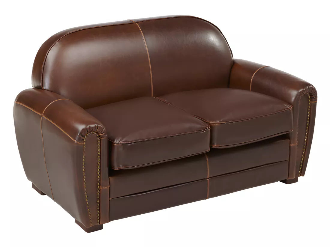 Canapé et fauteuil club BAUDOIN 100% cuir vieilli - Marron
