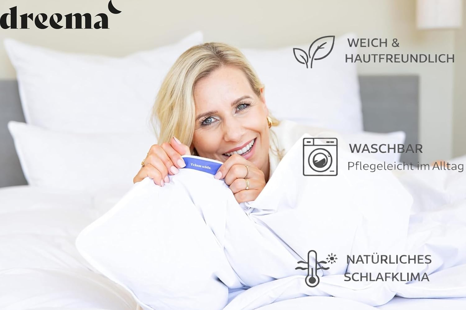DREEMA Bettdecke 135x200 Daunendecke Warm | Extraweiche Daunenfüllung | in Deutschland gefertigt | 100% nachhaltig mit Oeko-TEX & Nomite | Allergiker geeignet | Soft-Touch Baumwollbezug