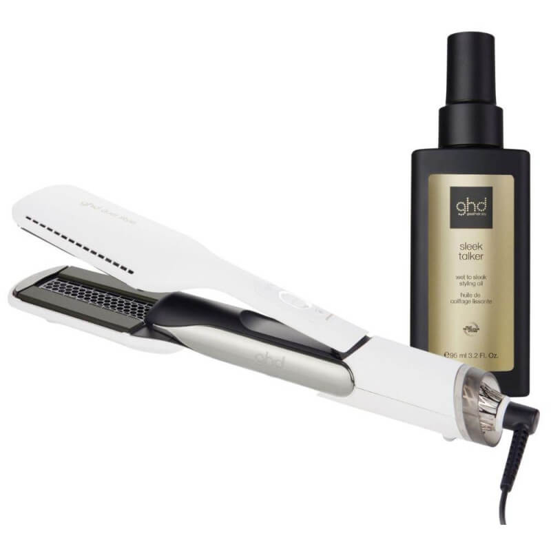 Pack lisseur ghd séchant Duet Style blanc & huile lissante Sleek Talker