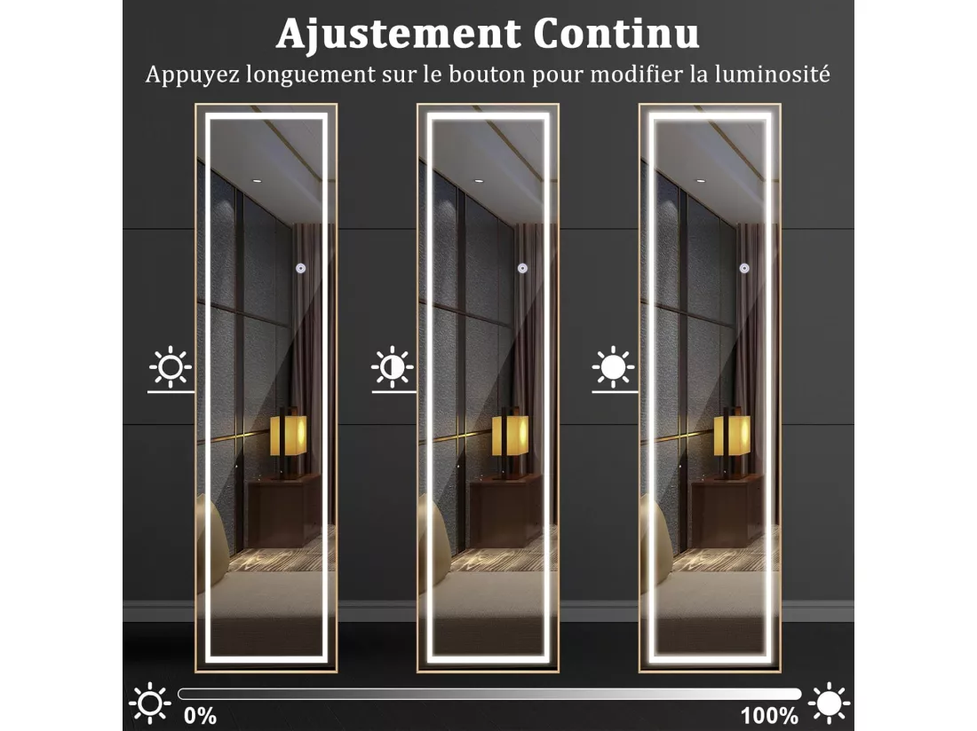 Miroir sur Pied Rectangulaire avec LED, Grand Miroir Mural avec Cadre en Aluminium 37x155 CM, Éclairage 3 Couleurs et Intensité Variable, Doré (Rectangulaire)