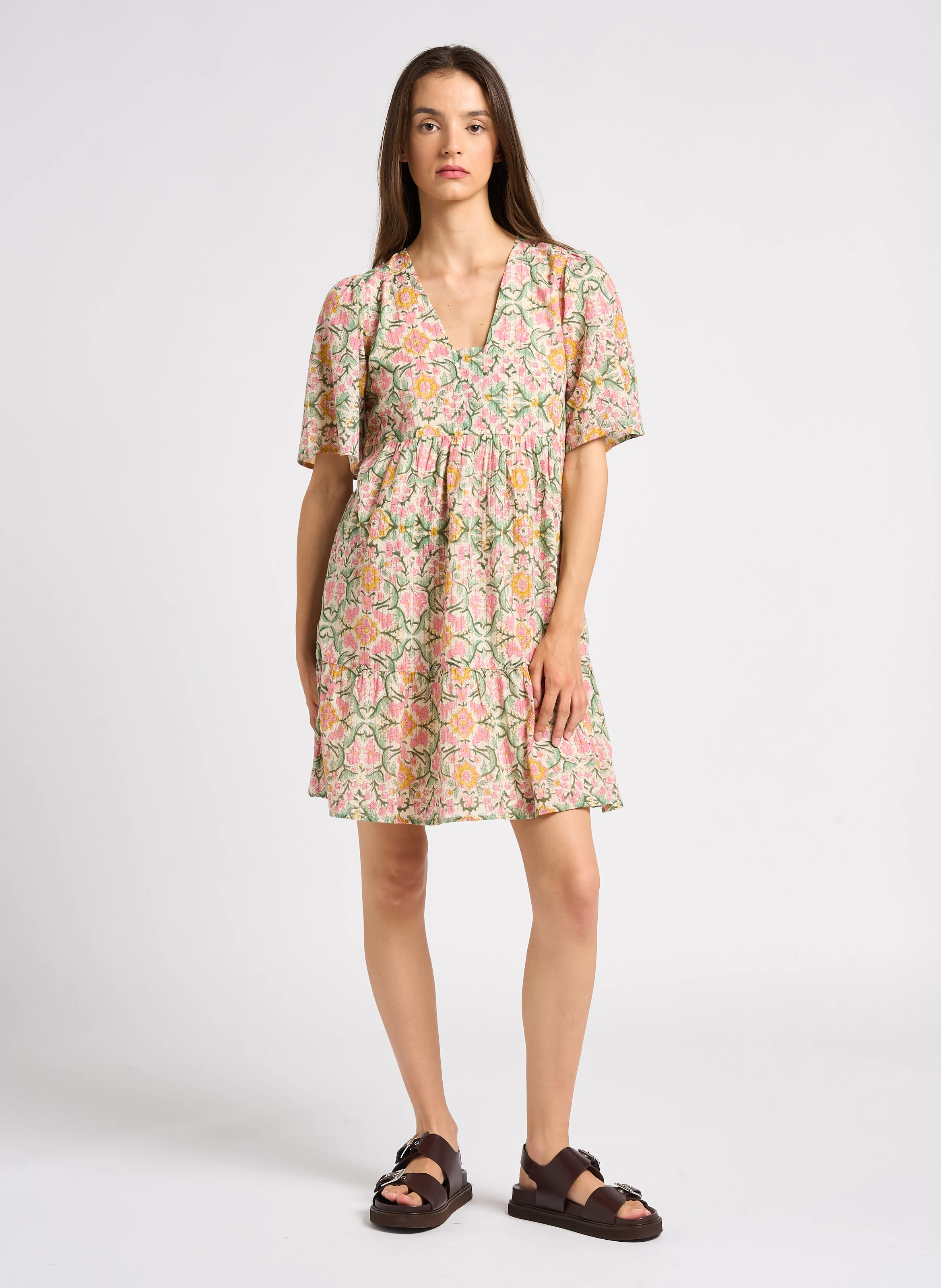 MELIE - Robe courte col V en coton | Rose