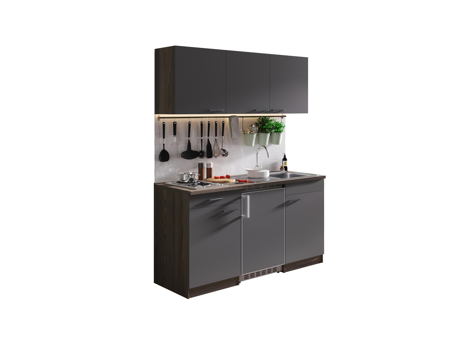 RESPEKTA Singleküche OLIVER - grau - Eiche York - mit E-Geräten - 150 cm