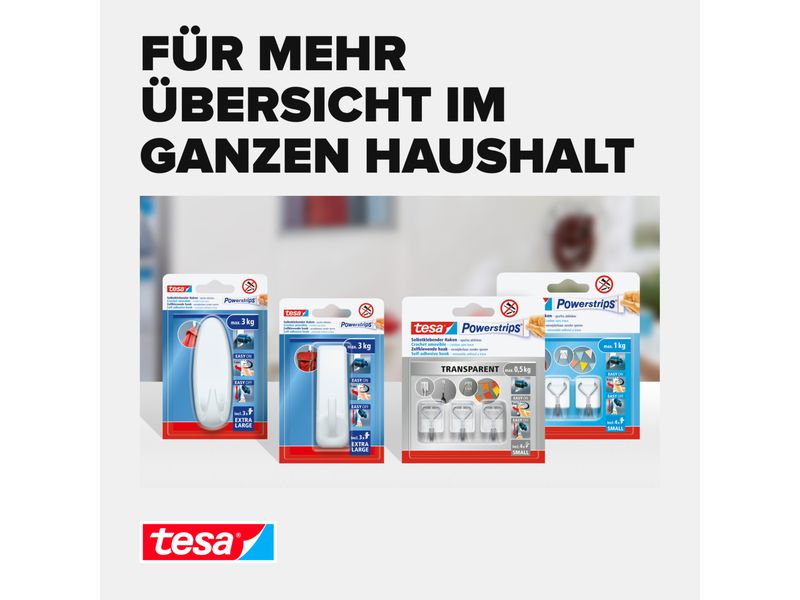tesa Klebehaken Powerstrips Haken XL Rechteckig Weiss, 3 kg Selbstklebender Haken mit extra starkem Halt – wiederverwendbar – Montage ohne Bohren