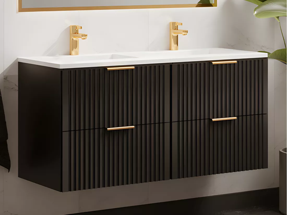 Meuble de salle de bain suspendu strié avec vasque à encastrer - Noir - 120 cm - ZEVARA