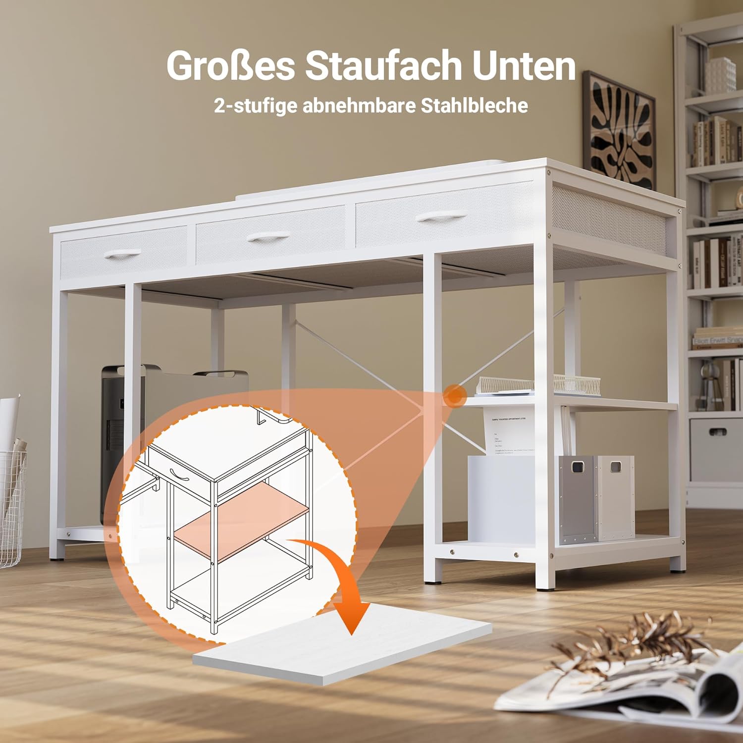 Claiks Computertisch mit 3 Schubladen, 140 x 60 cm Schreibtisch mit Regal, Tisch mit 2 Steckdosen und 2 USB-Ladeanschlüsse, Bürotisch PC-Tisch für Home Office, Wohnzimmer, Weiß