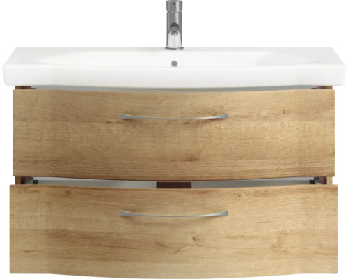 Pelipal Sunline 114 badkamermeubelset, BxHxD 160 x 200 x 51,5 cm, frontkleur: Riviera eiken, 5-delige badkamermeubelset en meer, inclusief witte keramische wastafel en badmeubel, spiegelkast met LED-verlichting, onderkast, wandkast