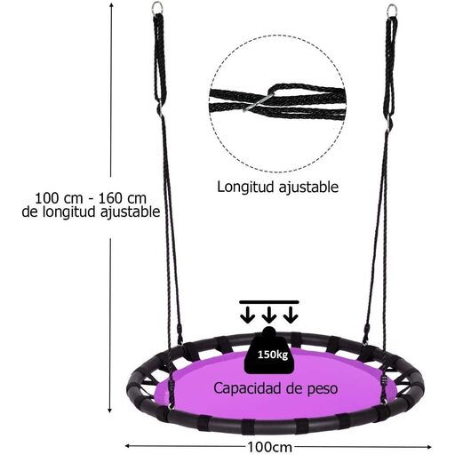 Balanço redondo tipo ninho de 100 cm, com largura ajustável de 100 a 160 cm e capacidade de carga de até 150 kg.