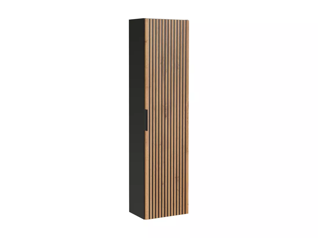 Meuble de salle de bain suspendu strié avec vasque à encastrer et colonne - Naturel clair et noir - 60 cm - MADELA