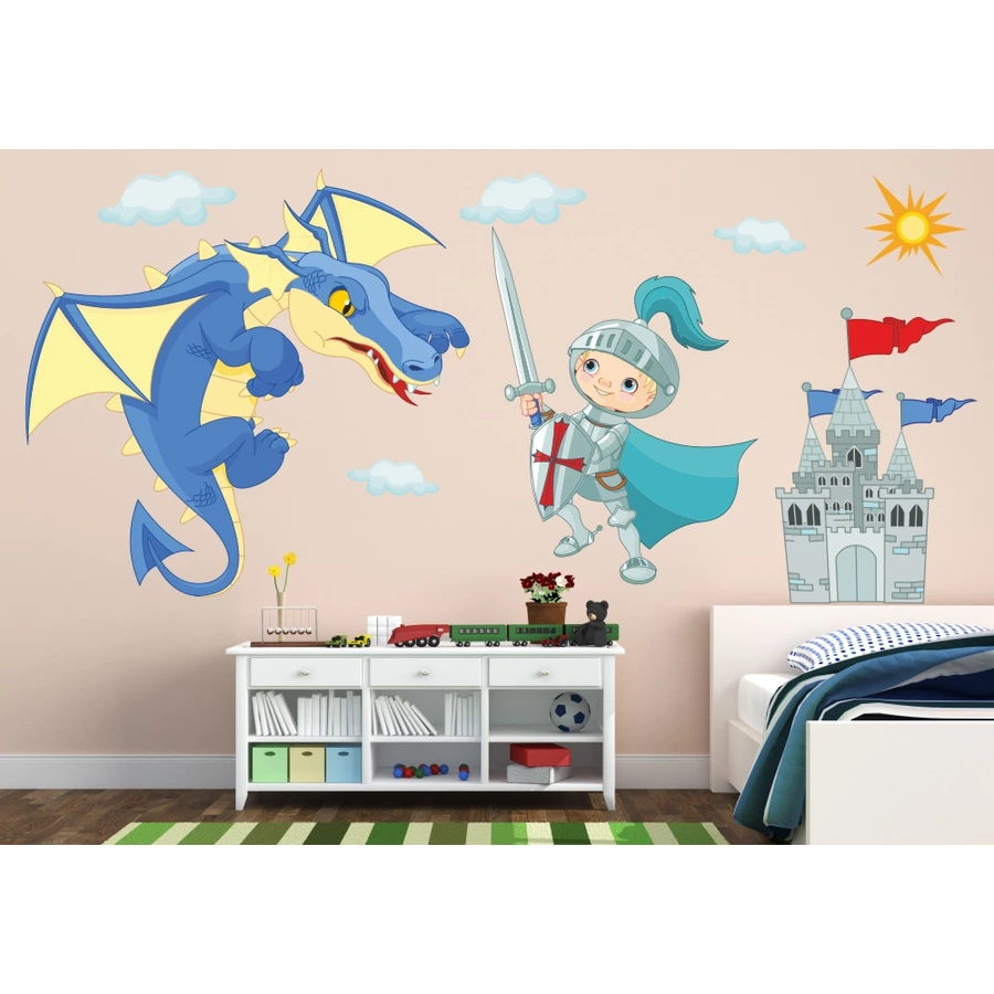 Nikima Wandtattoo 041 Wandtattoo Ritter mit Drache und Burg blau