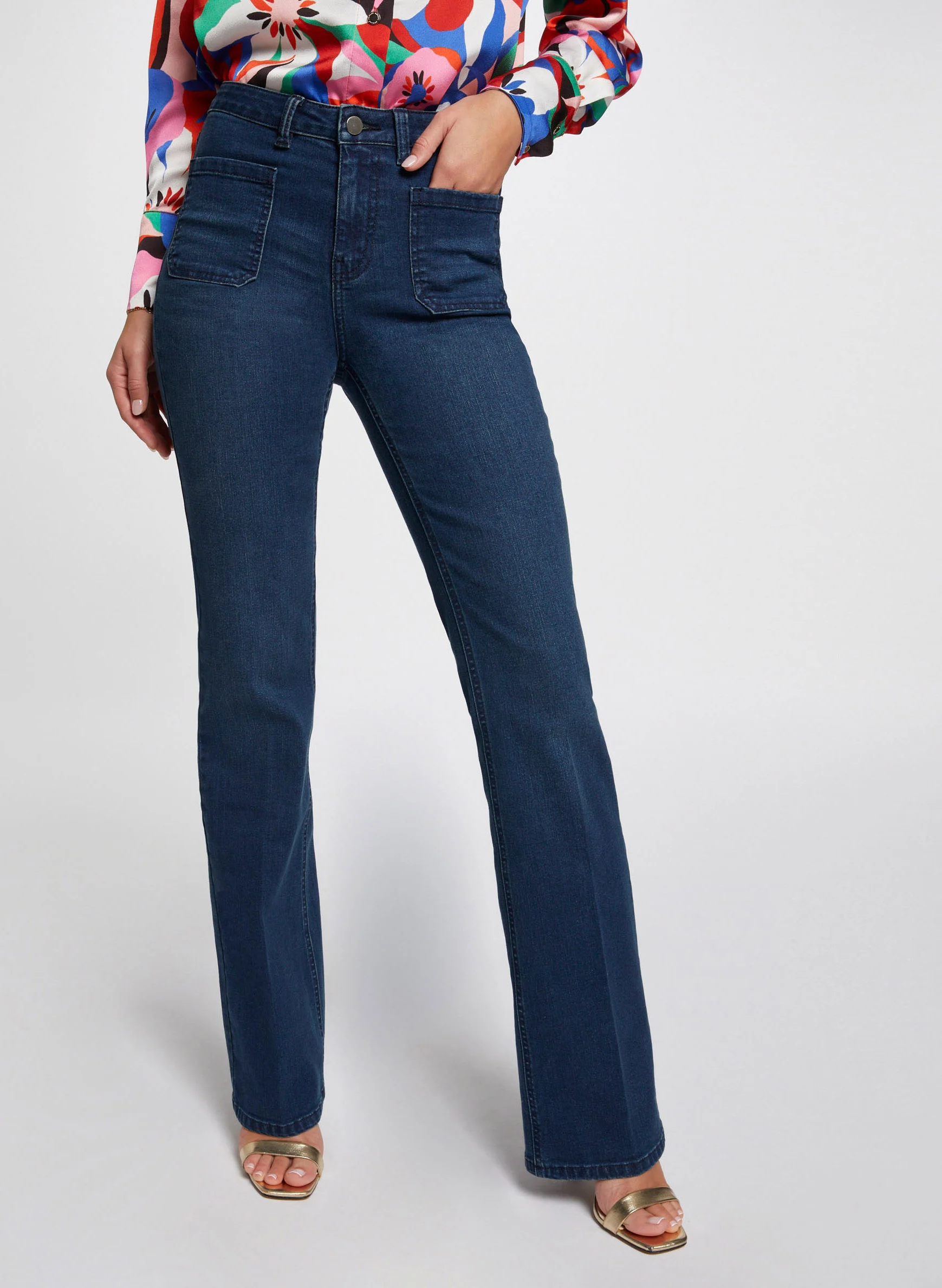 PDARLY - Jean flare taille haute en coton mélangé| Bleu