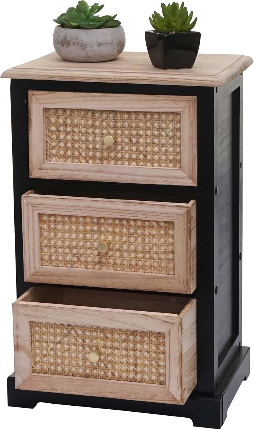 Mendler Kommode HWC-K87, Schubladenschrank Schrank, Holz Rattan 63x40x28cm - schwarz, naturfarben