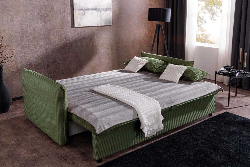 Design Schlafsofa APARTMENT 215cm grün Cord 3-Sitzer Couch inkl. Bettkasten Kissen