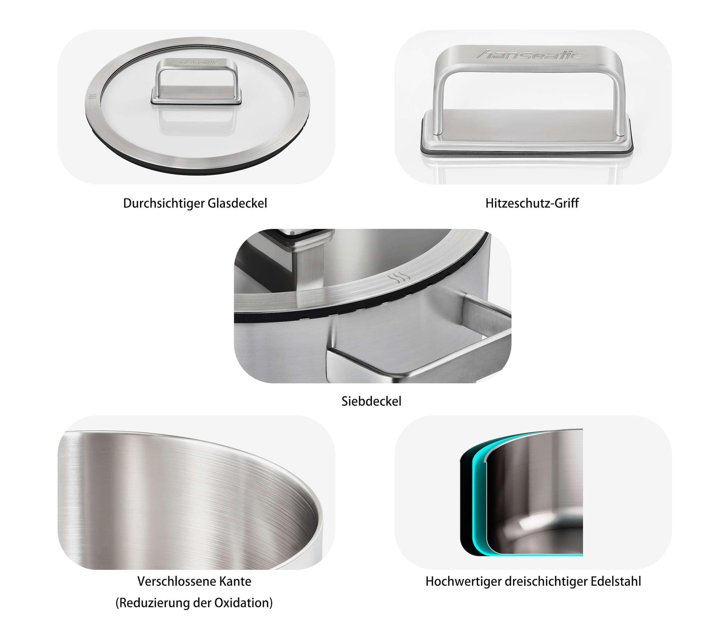 Hanseatic Topf-Set »PREMIUM« Set, Kochtopf 1x 16 cm / 2x 20 cm / 1x 24 cm, Stielkasserolle 16 cm, 9 Stk. tlg. Edelstahl