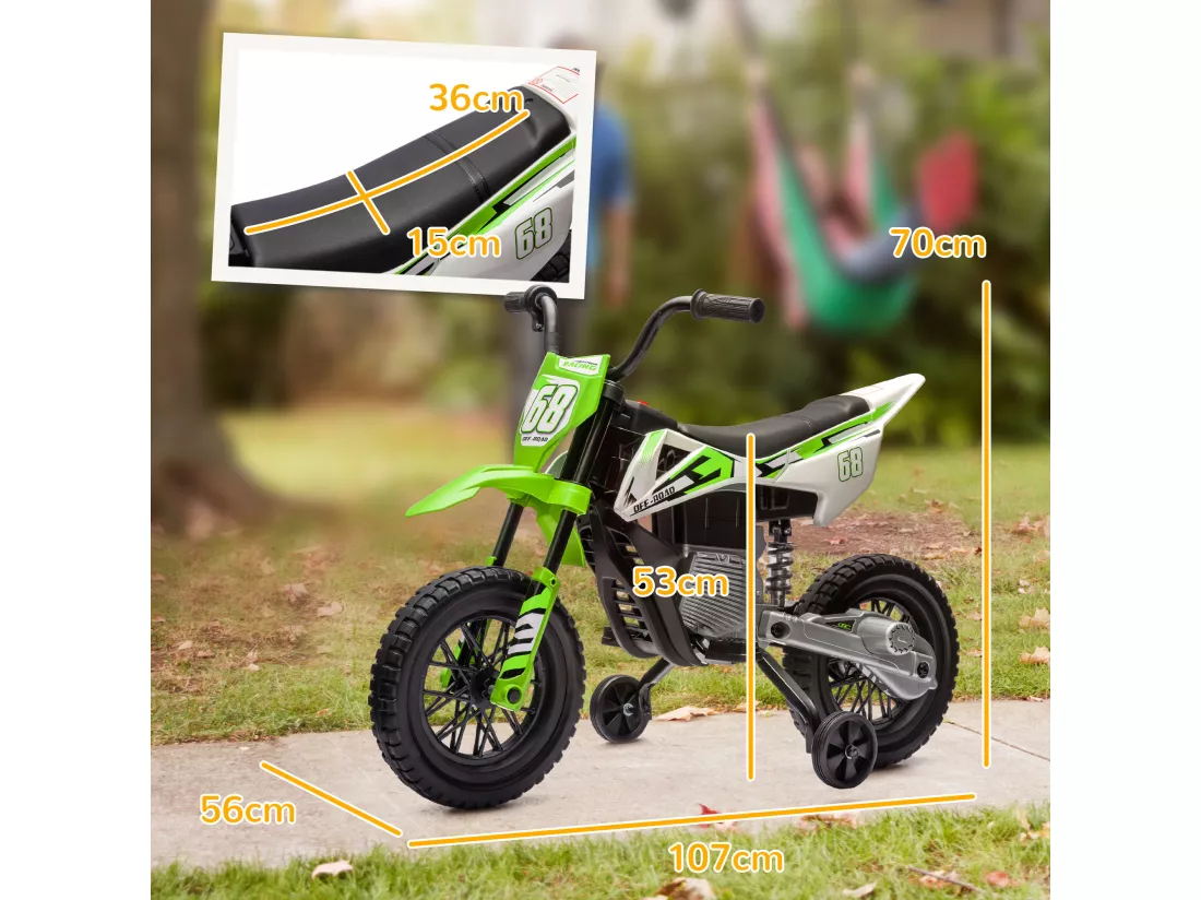 Moto cross électrique dirt bike enfant 12V 2 moteurs 2 vitesses 2,4-5 Km/h musiques vert