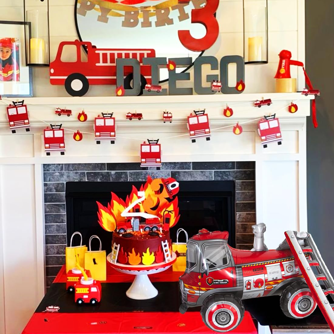(48x68cm) 3D Kinder Party Deko Folien Ballon Fahrzeug Luftballon - Feuerwehr Auto