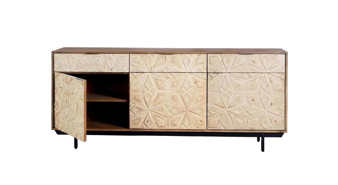 Bahut 3 tiroirs bois, métal marron 183x42x80cm - bois-métal