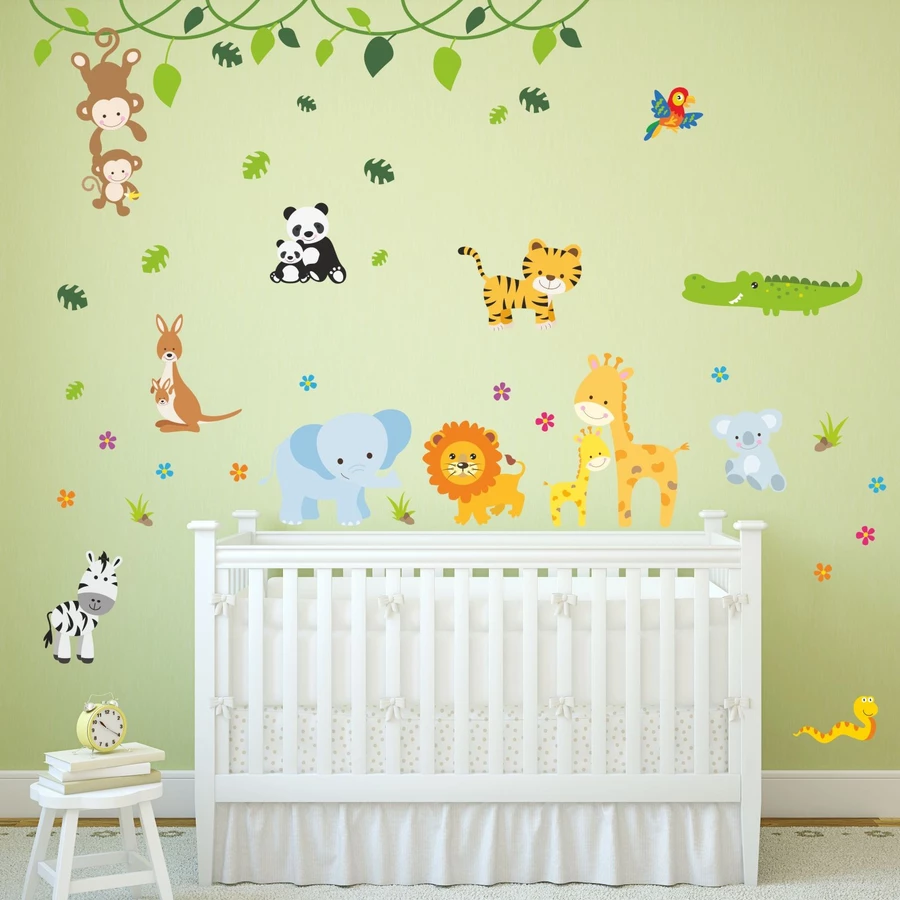Nikima Wandtattoo 013 Wandtattoo Baby Tiere modern Zoo Löwe Elefant Giraffe Affe Zebra Krokodil bunt