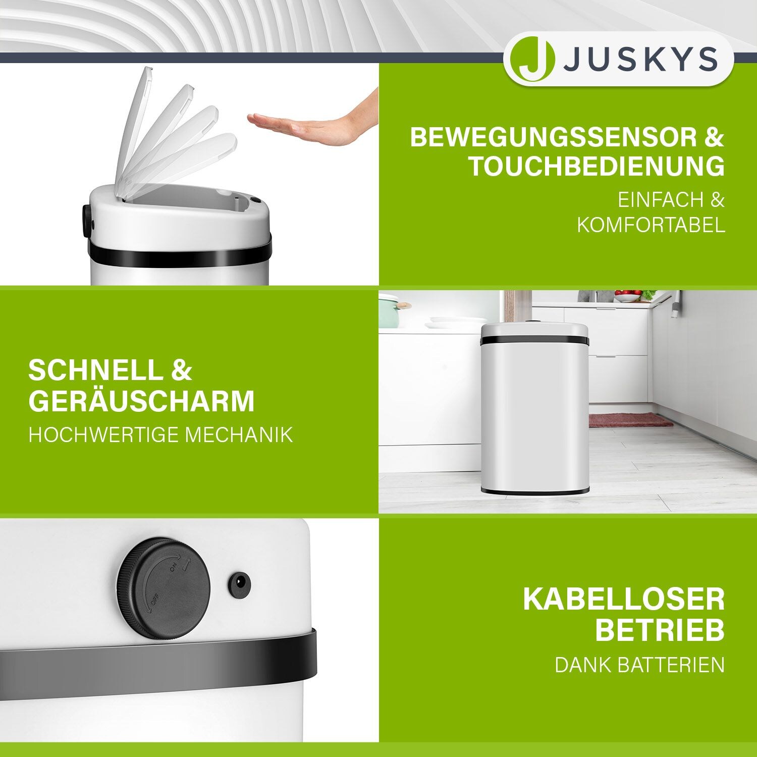 Juskys Automatik Mülleimer mit Sensor 50L - Abfalleimer mit elektrischem Deckel rechteckig - Weiß