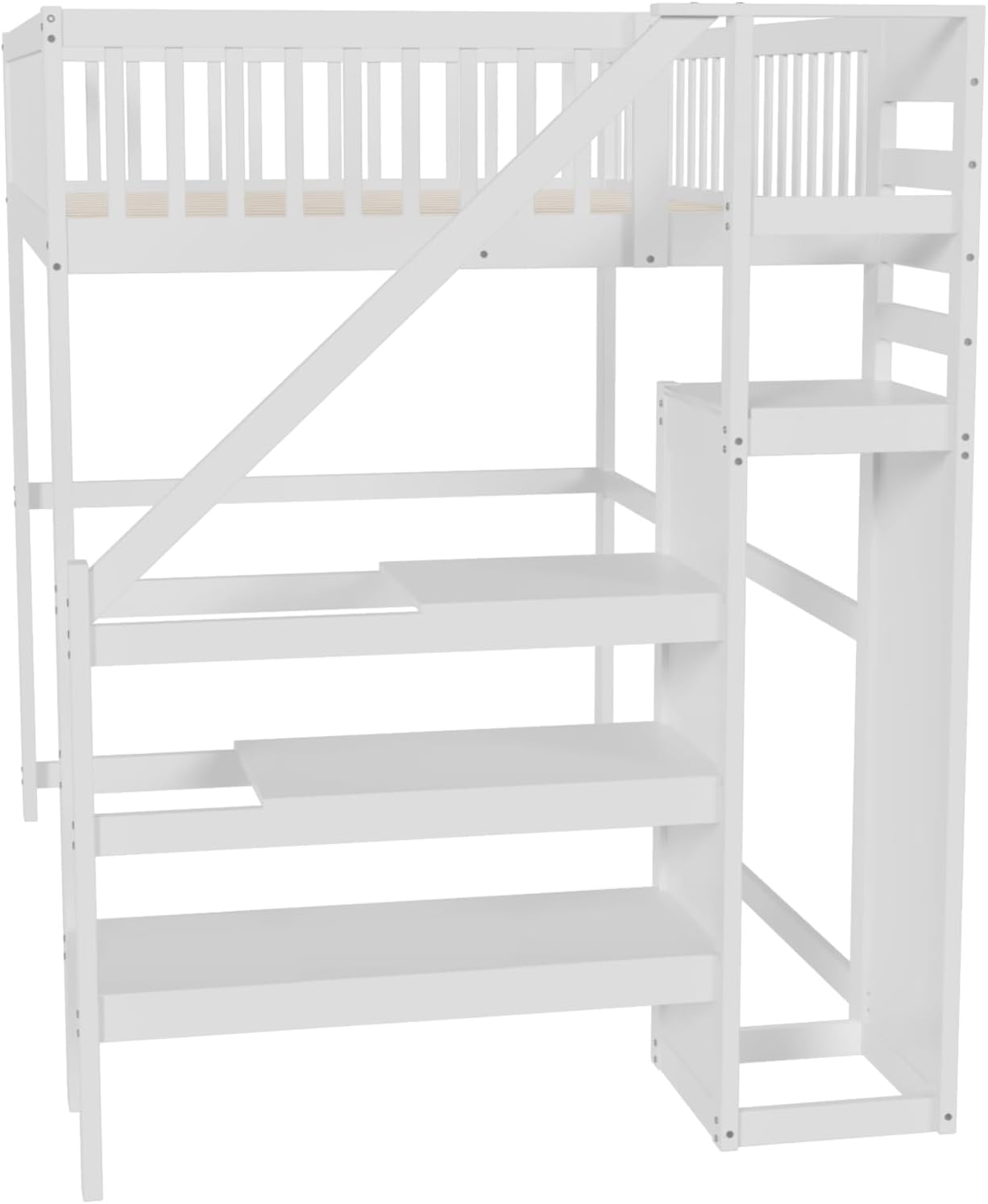 Merax Hochbett 1-Plätzig 140 x 200 cm, Multifunktionales Hochbett für Kinder mit Kleiderschrank und Treppe, Weiß (ohne Matratze)