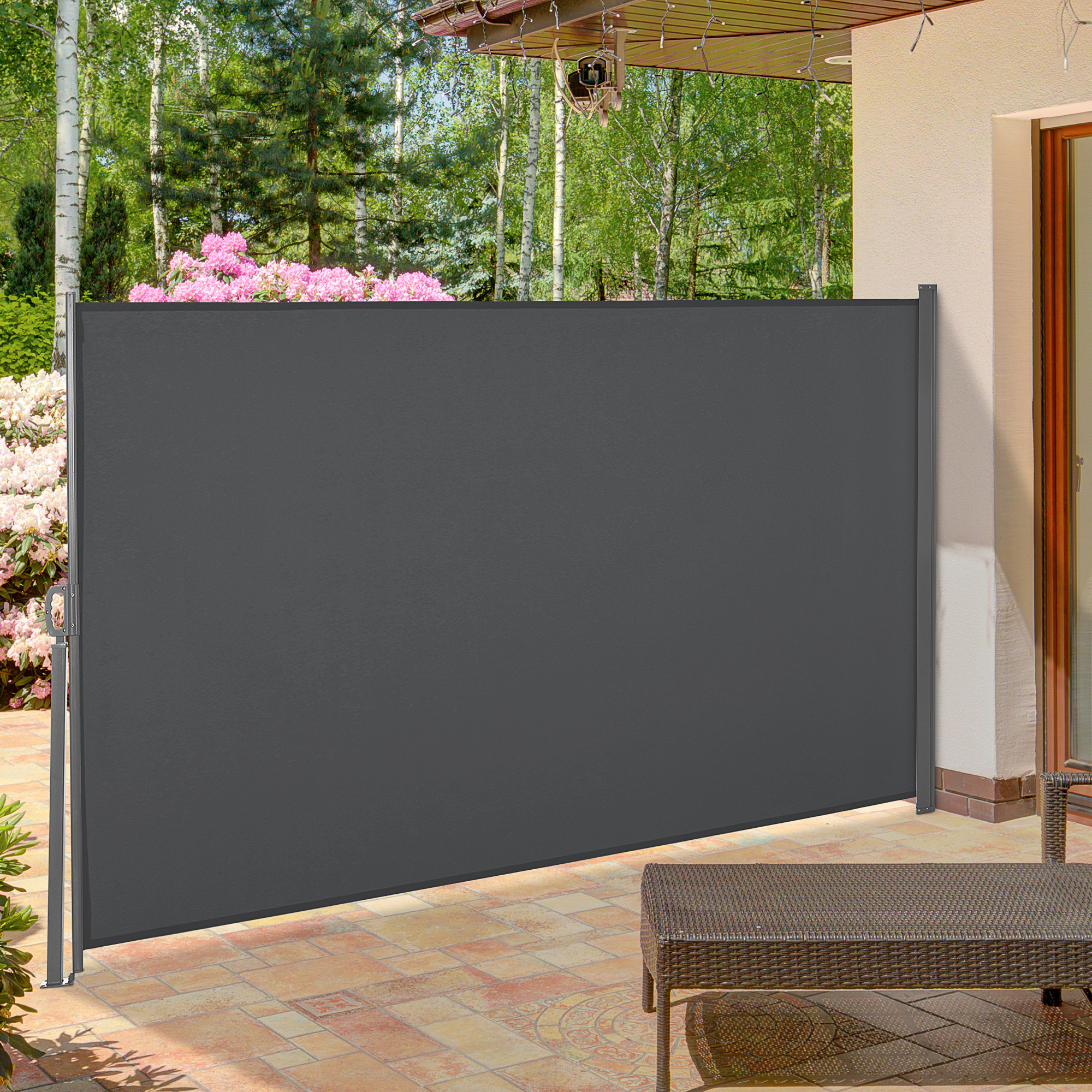 Toldo lateral retrátil Outsunny 300x160 cm, tela de enrolar para privacidade e proteção solar, ideal para jardim, varanda e terraço, cor cinza.