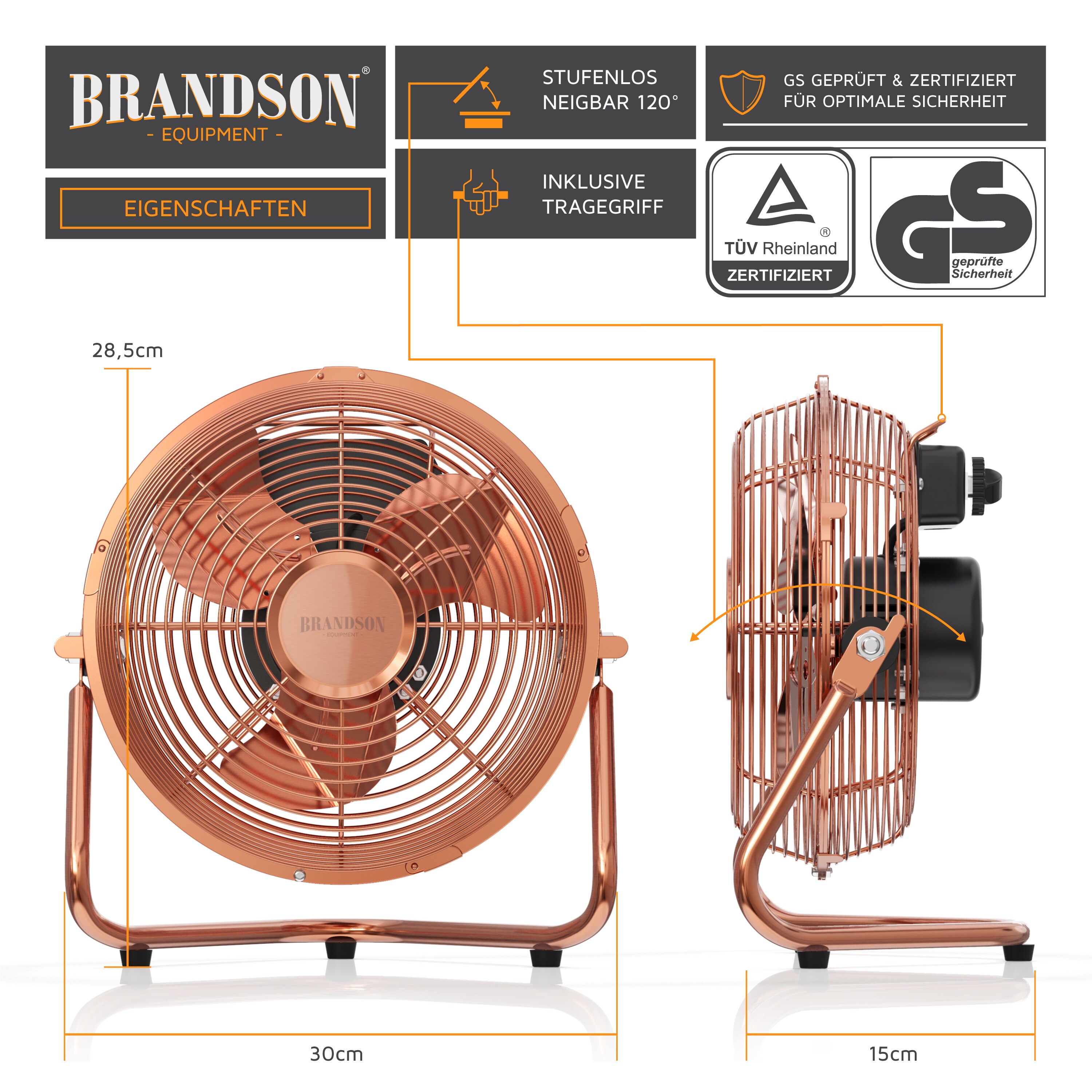 Brandson Windmaschine Retro Stil, Ventilator im Kupfer Design mit 3 Geschwindigkeiten, Standventilator 32 Watt, Tischventilator, 120° einstellbar