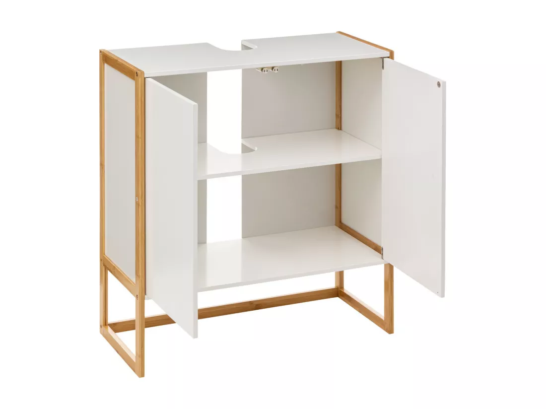 Meuble sous lavabo en Bambou et Bois Blanc 2 Portes H 80 cm