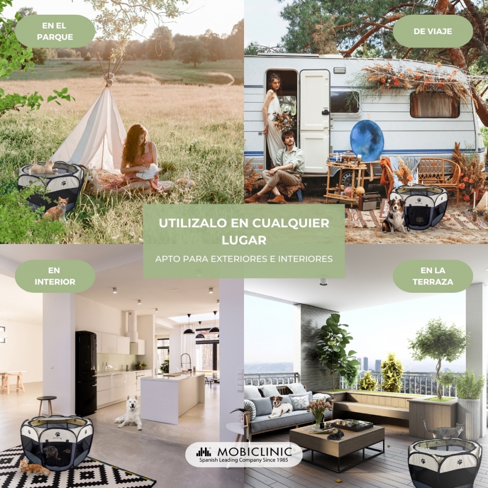 Cercado dobrável para cães, gatos e roedores | 8 janelas | 2 portas | Seguro | Cordão elástico | Cinza | Scooby | Mobiclinic