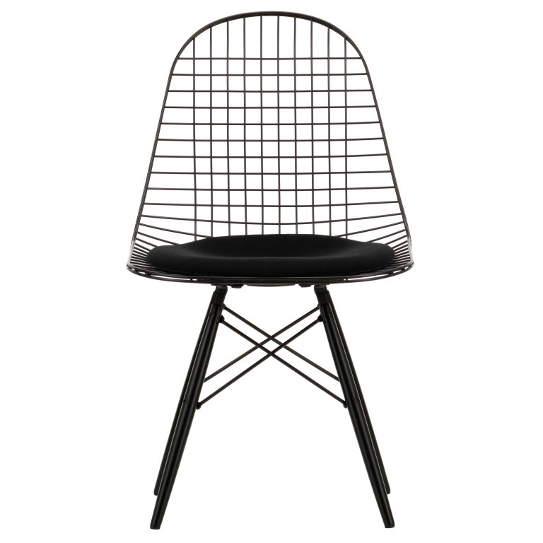 Vitra Eames Wire Chair DKW-5 stoel esdoornzwart onderstel  zwart kussen