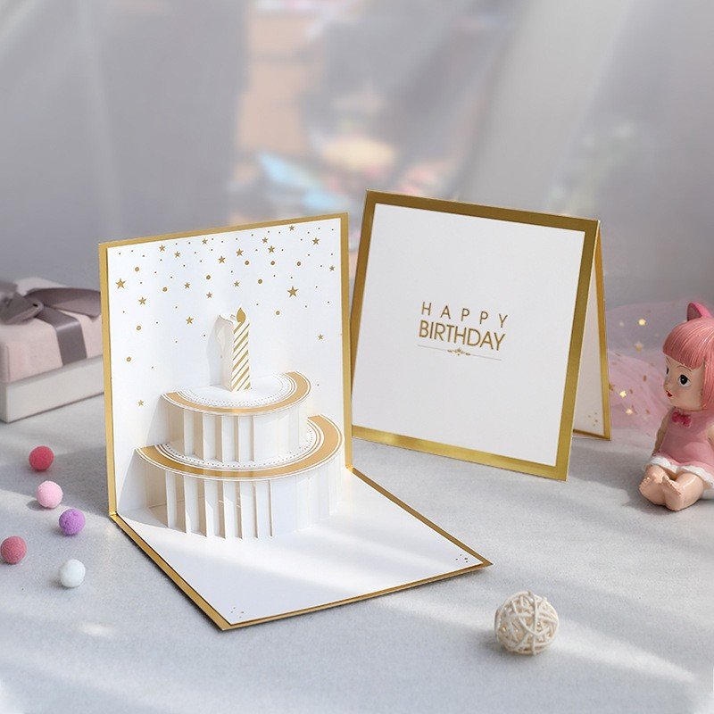 Geburtstags Glückwunschkarte Happy Birthday Kuchen Pop-Up Karte   Umschlag - Weiss / Gold