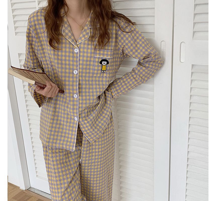 Siensien - Pyjamaset: geruite top met lange mouwen + broek + hoofdband