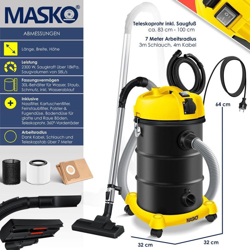 MASKO - 6in1 Multifunctionele Stofzuiger - Nat- en Droogzuiger - 30 Liter Opvangbak - 1800 Watt