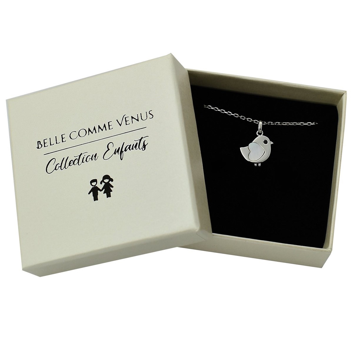 Collier oiseau coeur de nacre oeil oxyde de zirconium noir Argent 925 Rhodié