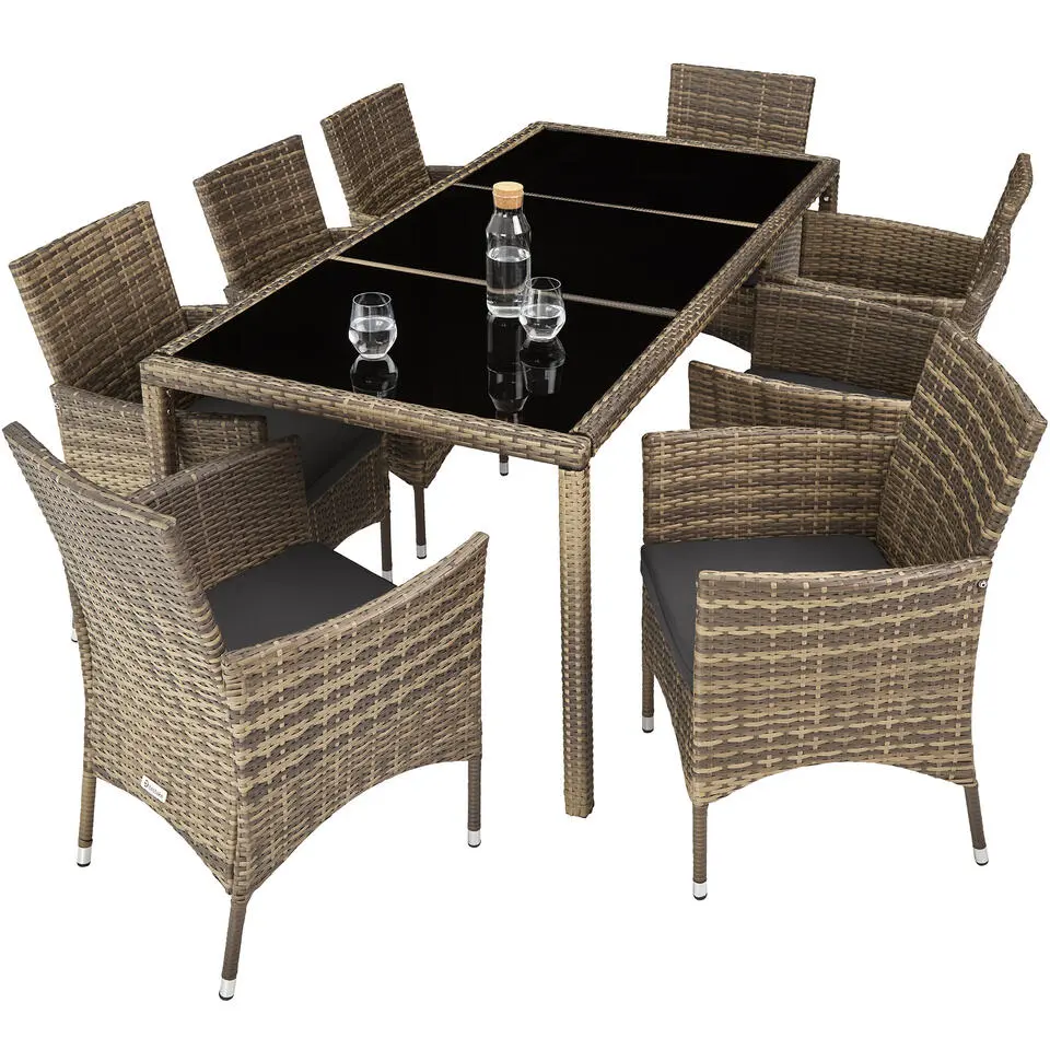 tectake - tuinset 8 stoelen en tafel - wicker - natuurkleur