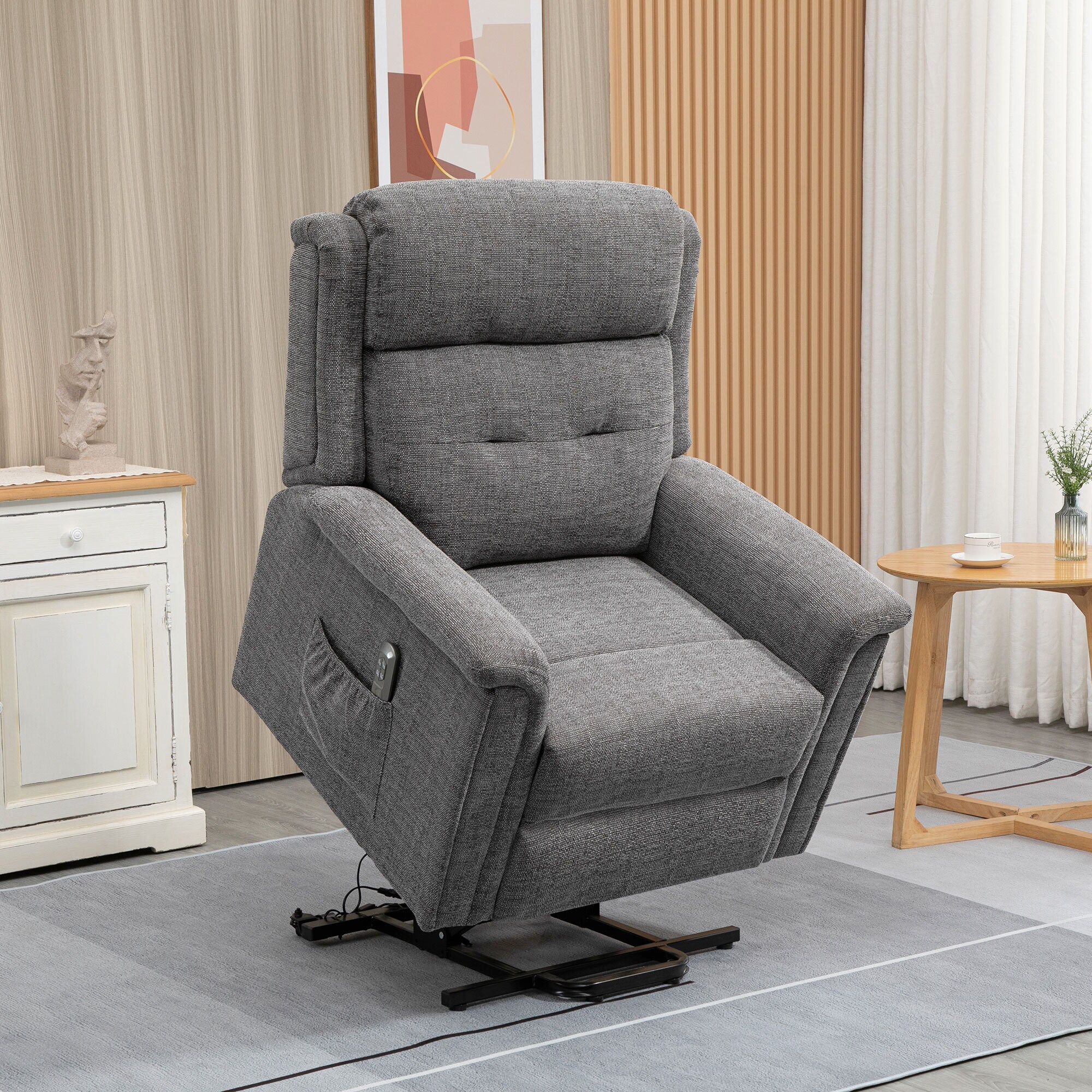 HOMCOM Aufstehsessel mit Seitentasche grau 89L x 96B x 108H cm