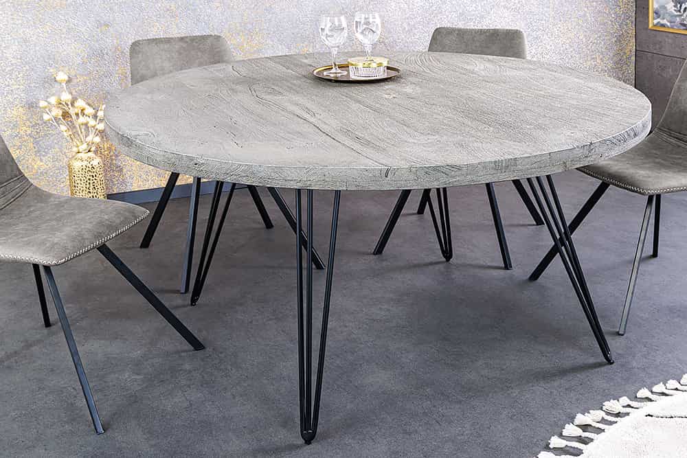 Runder Esstisch SCORPION 120cm grau Mangoholz massiv schwarze Metallbeine Hairpin Legs