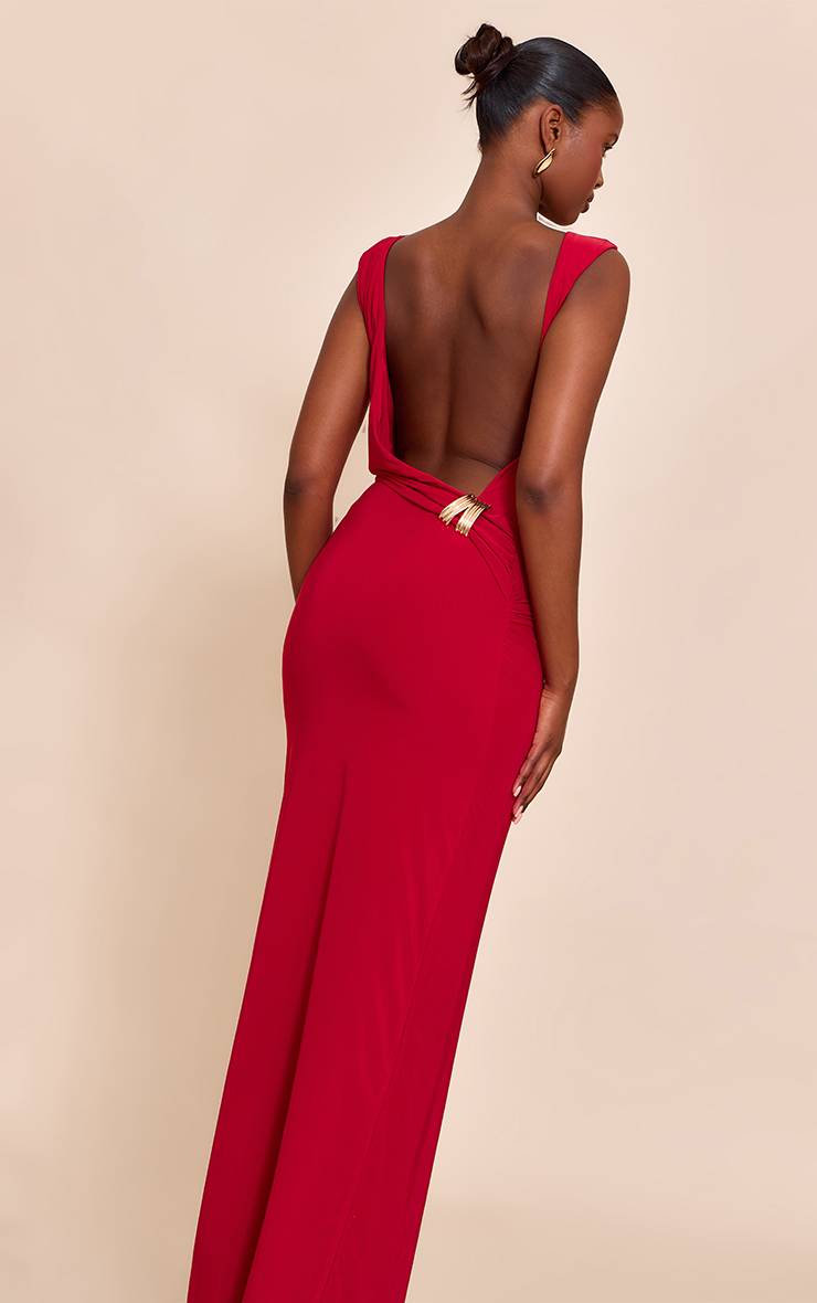 Rouge Robe Longue Moulante À Double Couche En Tissu Slinky Avec Dos Échancré Et Détails De Finition