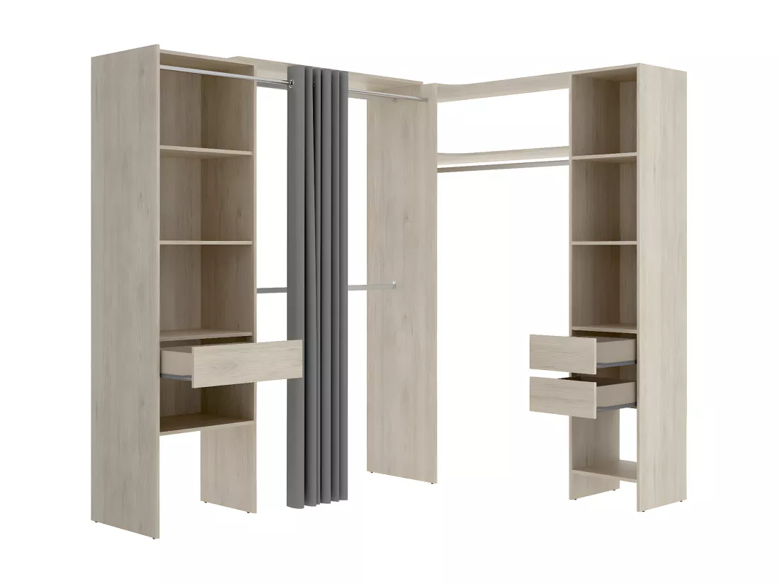 Kit armoire dressing d'angle extensible en bois mélaminé coloris chêne naturel - Longueur 164-214 x Profondeur 141 x Hauteur 205 cm