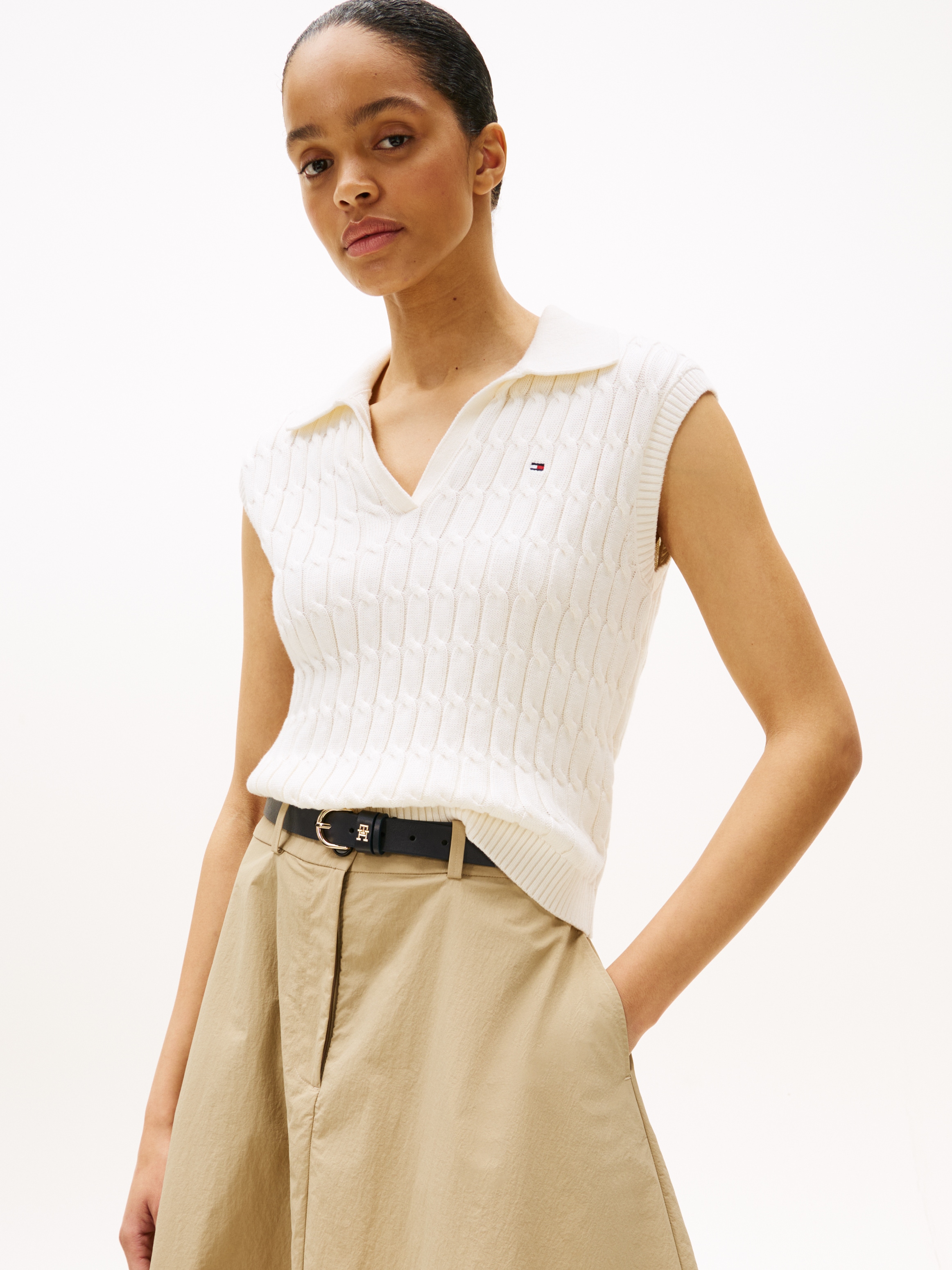 Tommy Hilfiger Pullunder »CO CABLE MID GG OPEN POLO VEST«, mit Zopfmuster