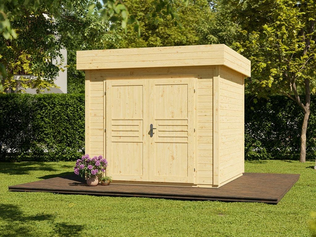 Holz Gerätehaus Livo 2 | Gartenhaus | Wandstärke 28 mm | Naturbelassen | BxTxH: 283,5 x 277,6 x 246,5 cm | Sockelmaß: 254 x 248 cm | Inkl. Doppelflügeltür