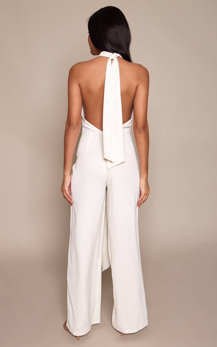Crème Combinaison-pantalon Large Texturée À Col Montant Et Nœud Devant