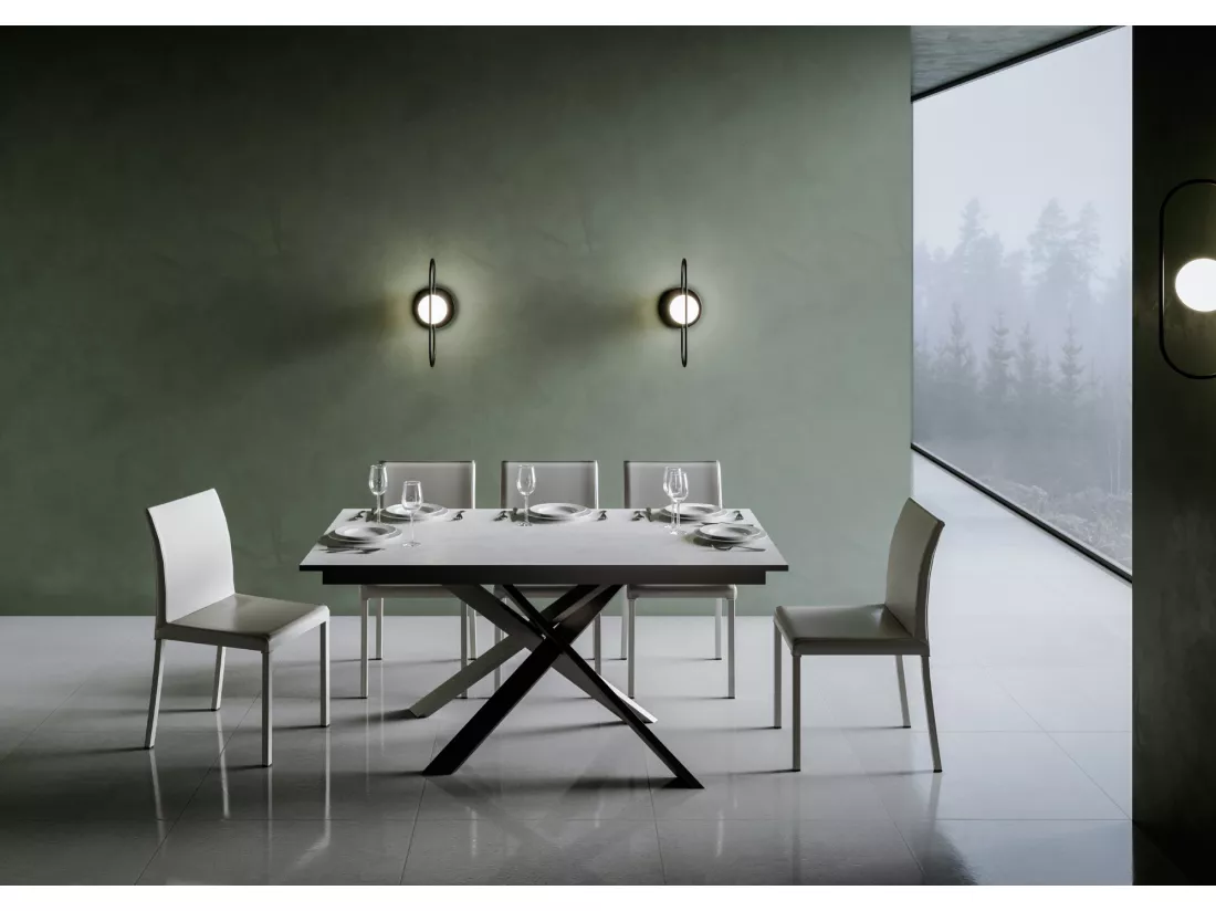 Table extensible 90x160/220 cm Ganty Blanc Spatulé bande de chante Anthracite cadre Anthracite
