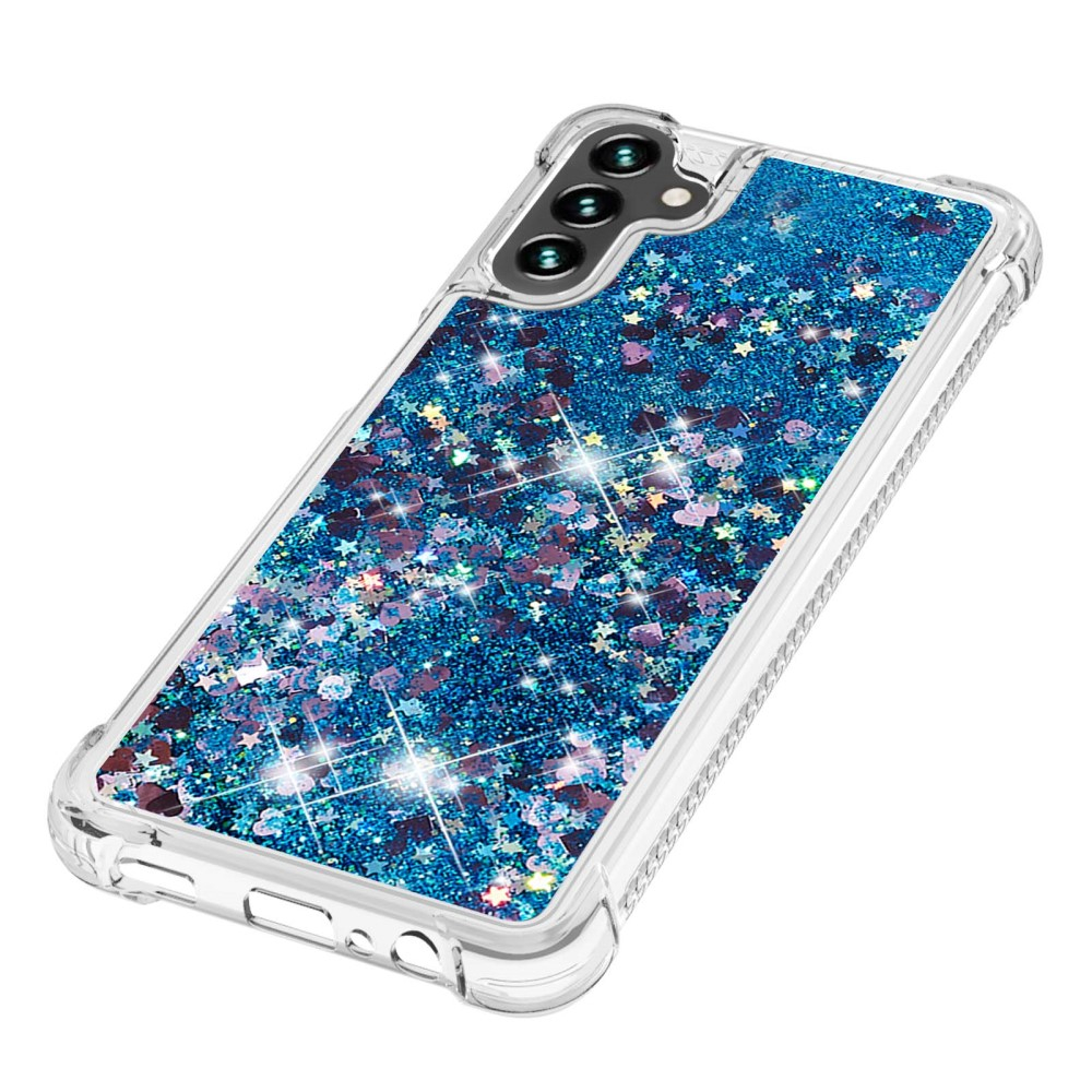 Samsung Galaxy A54 5G Hardcase Hülle mit Air Cushion Fallschutz Liquid Case Glitzer Herzen - Blau / Transparent