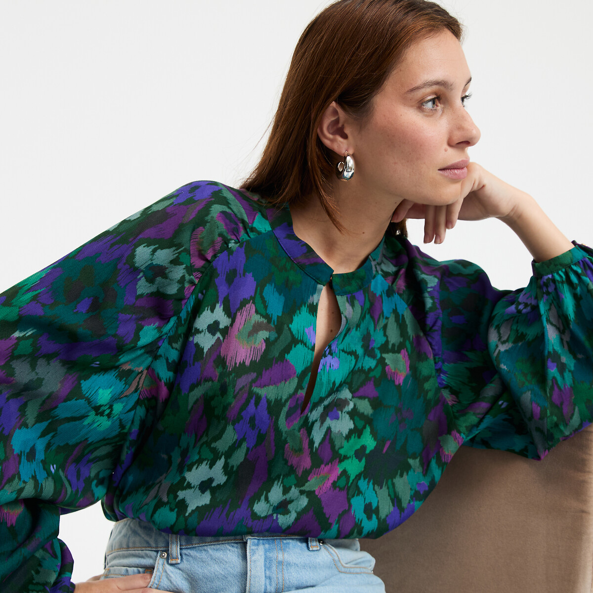 COLEÇÕES LA REDOUTE<br>Camisa com gola mandarim e estampa floral, mangas compridas