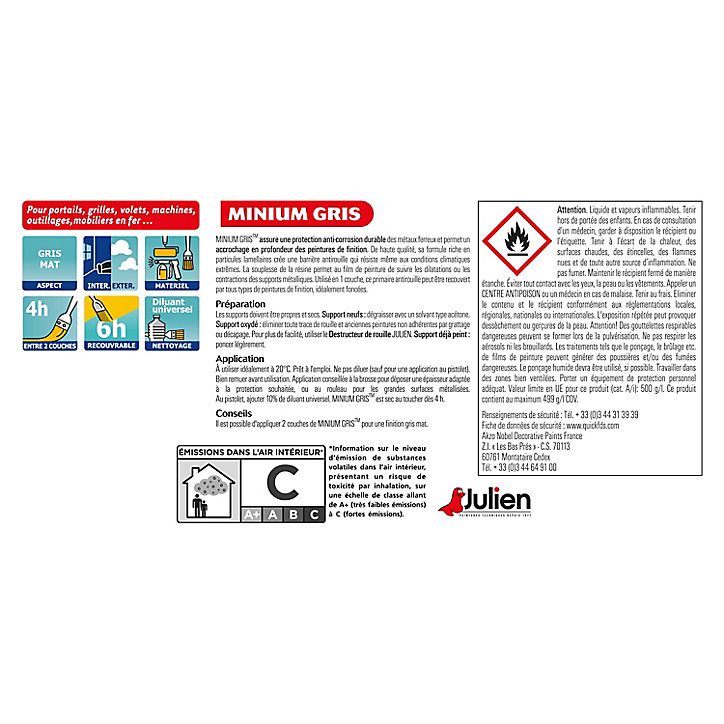 Peinture extérieure protection antirouille Minium Julien mat gris bleuté mat 250ml
